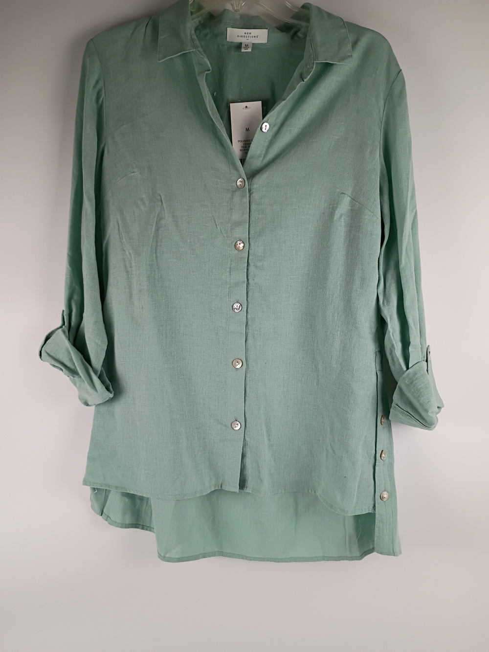 NWT Mint Green Button-Front Roll-Sleeve Tunic Linen Blend Breathable
